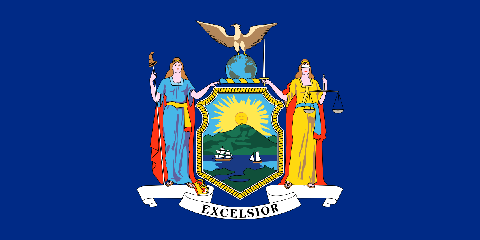 Obrázek vlajky státu USA New York, členského státu Spojených států Amerických, v rozlišení v rozlišení 1680x840 | New York | Vlajka New Yorku | Albany | New York City