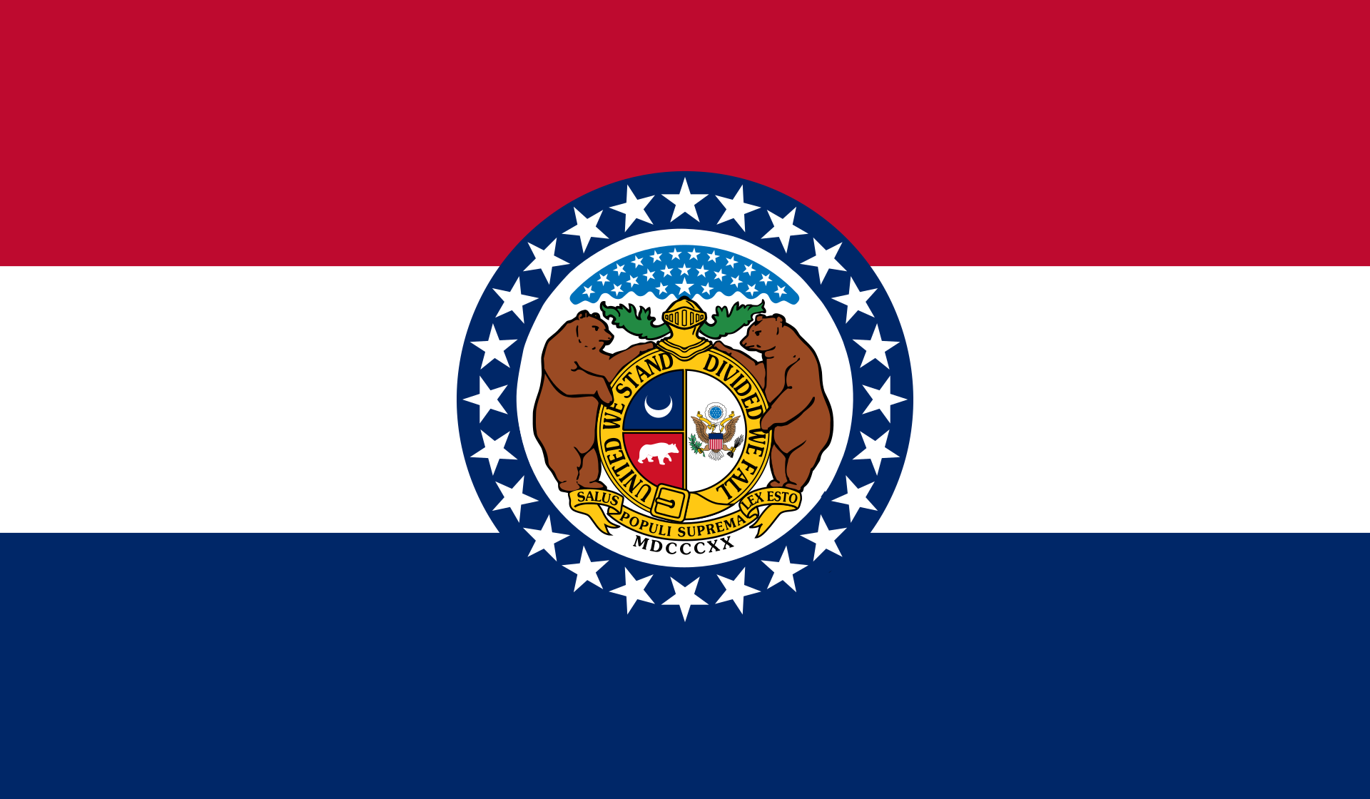 Obrázek vlajky státu USA Missouri, členského státu Spojených států Amerických, v rozlišení v rozlišení 1920x1120 | Missouri | Missourská vlajka | Jefferson City | Kansas City