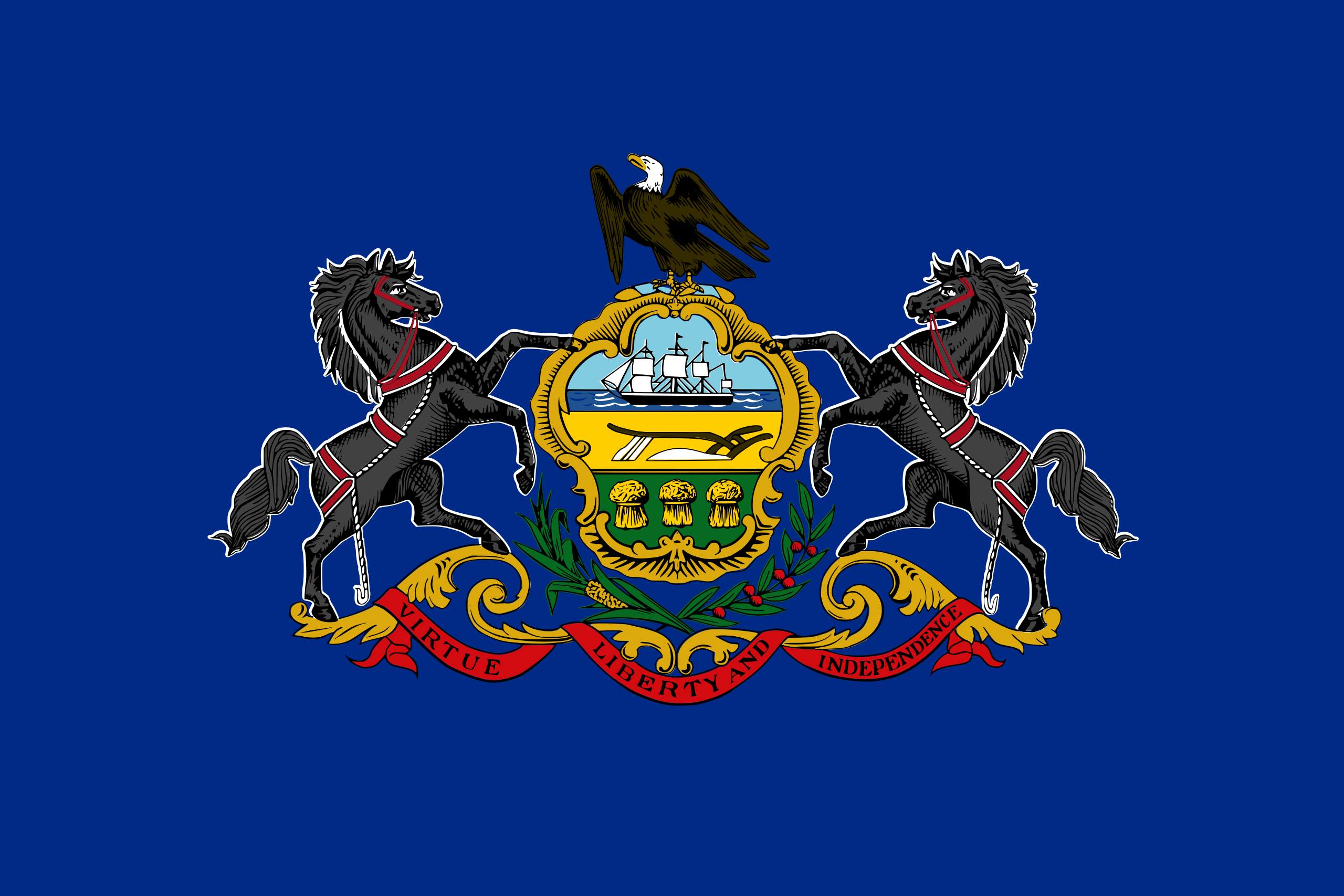 Obrázek vlajky státu USA Pensylvánie, členského státu Spojených států Amerických, v rozlišení v rozlišení 2560x1707 | Pensylvánie | Pensylvánská vlajka | Harrisburg | Philadelphia