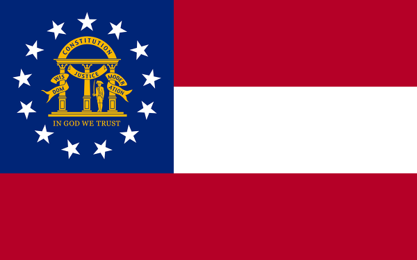 Obrázek vlajky státu USA Georgie, členského státu Spojených států Amerických, český název: Georgie, hlavní město Atlanta, nejlidnatější město Atlanta | Vlajka Georgie | kod: GA