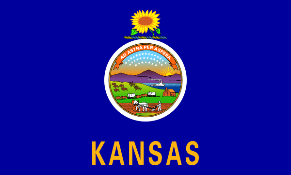Obrázek vlajky státu USA Kansas, členského státu Spojených států Amerických, český název: Kansas, hlavní město Topeka, nejlidnatější město Wichita | Kansaská vlajka | kod: KS