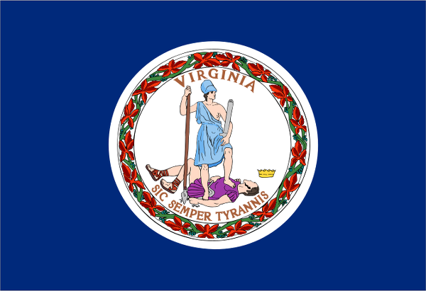 Obrázek vlajky státu USA Virginie, členského státu Spojených států Amerických, český název: Virginie, hlavní město Richmond, nejlidnatější město Virginia Beach | Virginská vlajka | kod: VA
